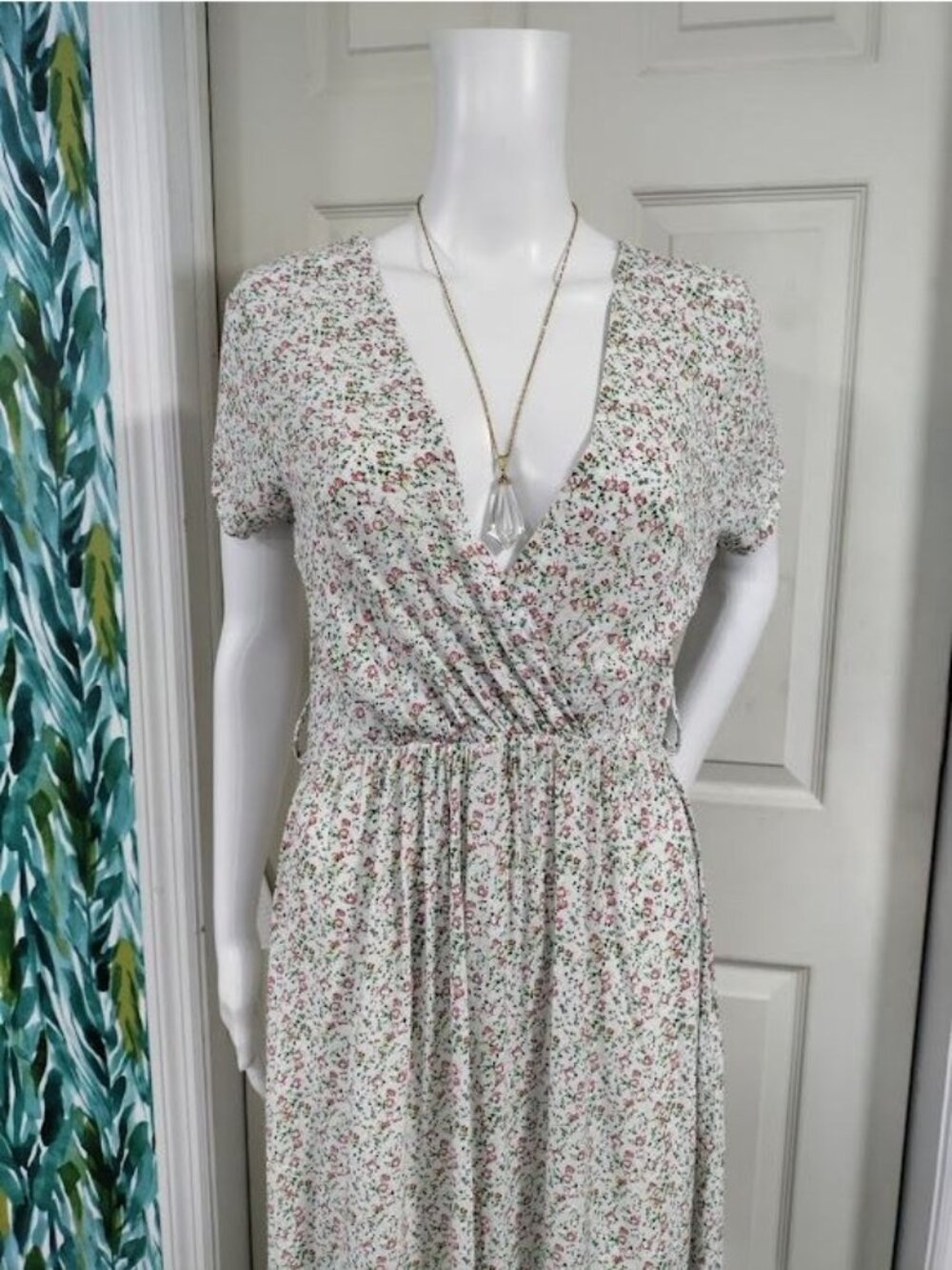 Made In Italy Short Sleeve Floral Print V Neck Maxi Dress White Pink Women's L - Picture 5 of 13